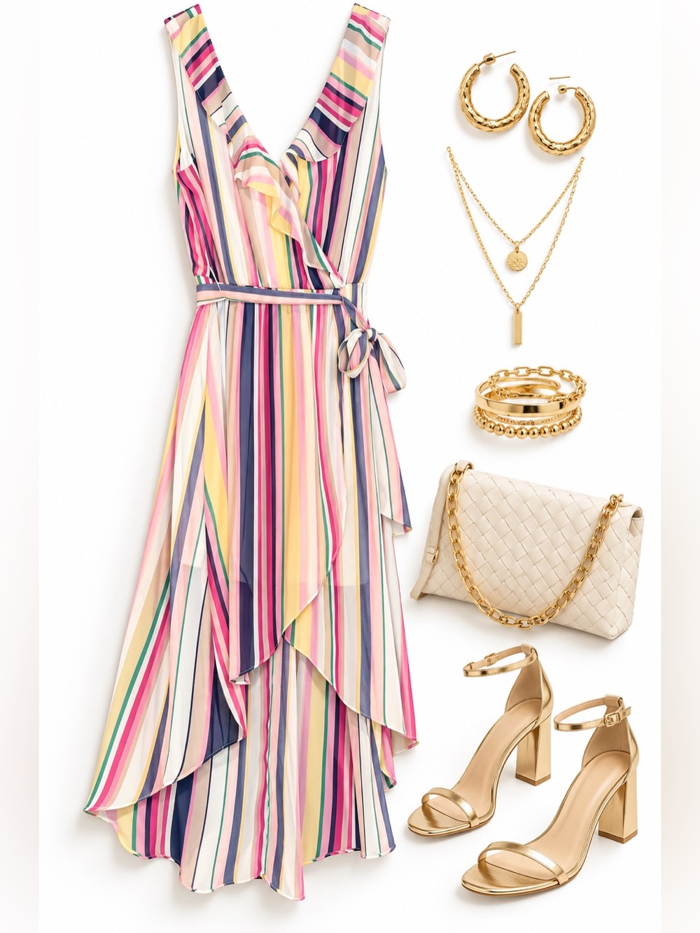 BCX Multicolor Striped Ruffle High Low Wrap Maxi Dress M